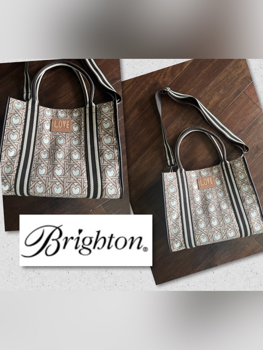 Brighton LOVE Heart-Print Tote in Beige, White, and Black